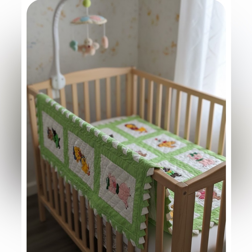 Vintage handmade Green and White Animal print crib Quilt -